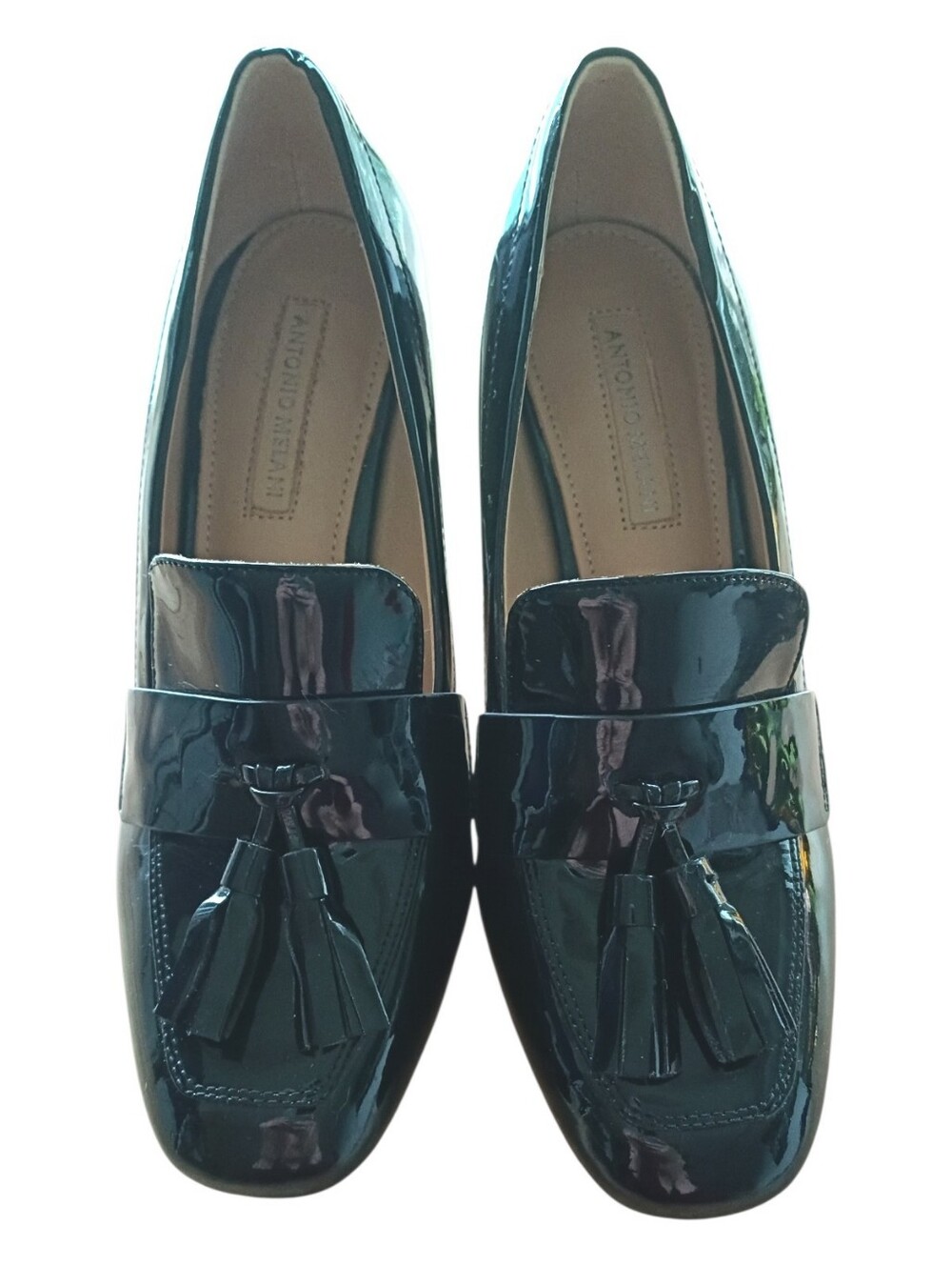 Antonio Melani Black Leather Patent Tassel Thick Heel Size 6.5